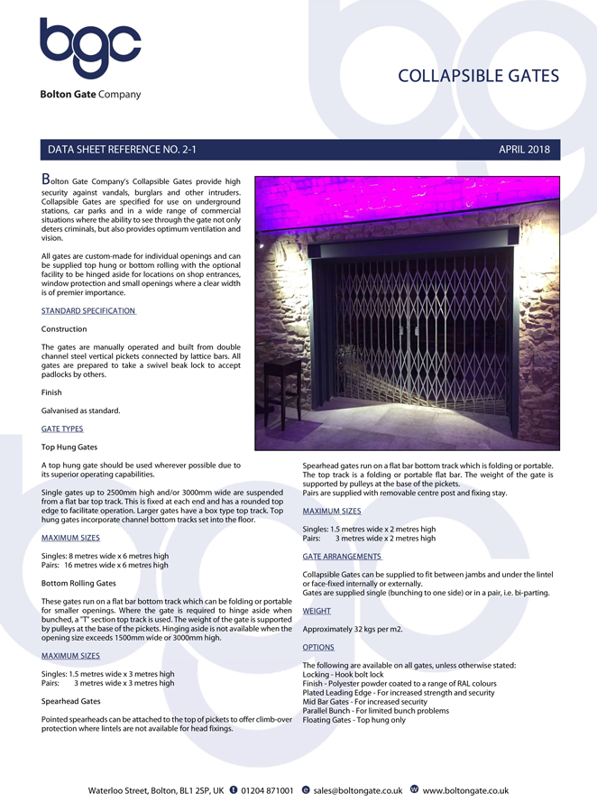 Collapsible Gates Data Sheet Brochure