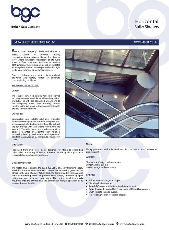 Horizontal Roller Shutters Data Sheet Brochure